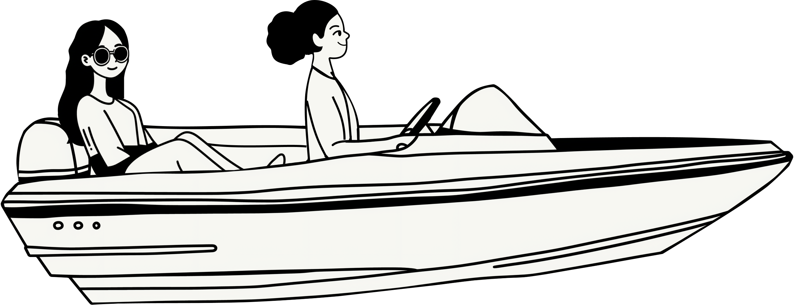 A lawyer driving a speedboat with a relaxed agency owner in the back, riding the swell up the growth curve